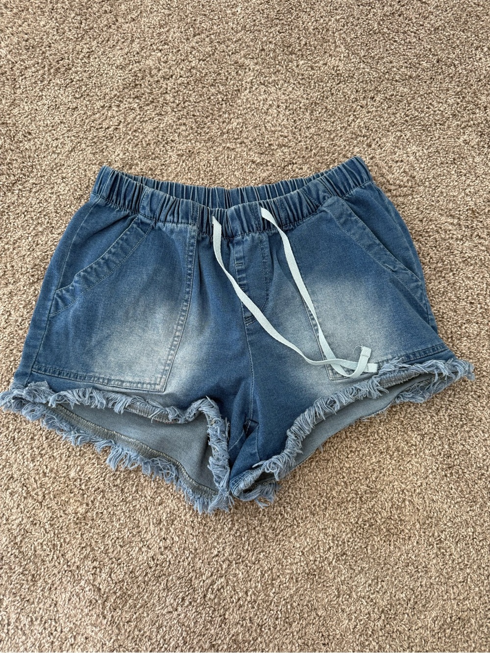 Casual Blue Denim Frayed Hem Women's Drawstring Shorts